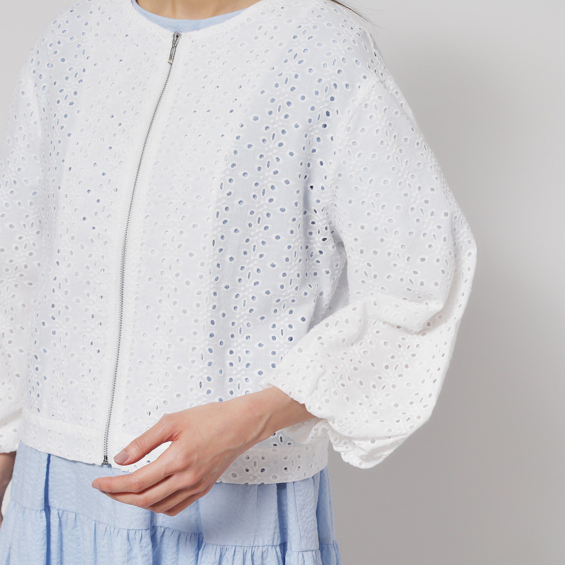 SunaUna「【使えるモノトーン／パフスリーブ】レースブルゾン」|ブルゾン・スタジャン|
