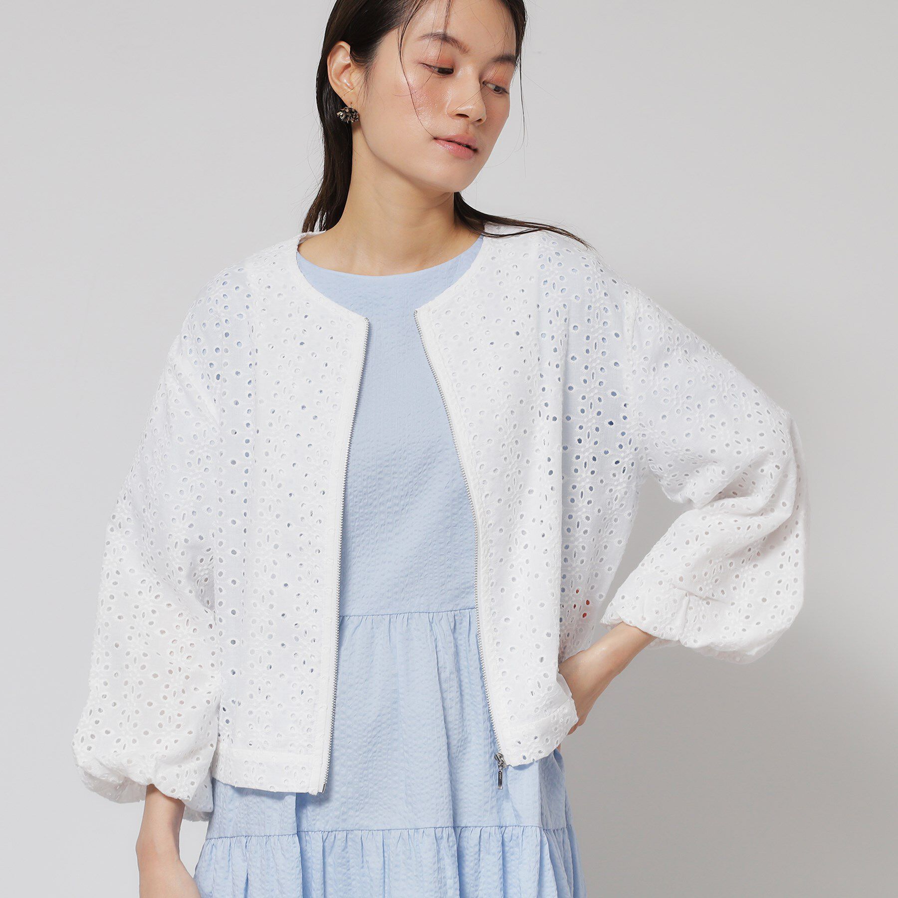 SunaUna「【使えるモノトーン／パフスリーブ】レースブルゾン」|ブルゾン・スタジャン|