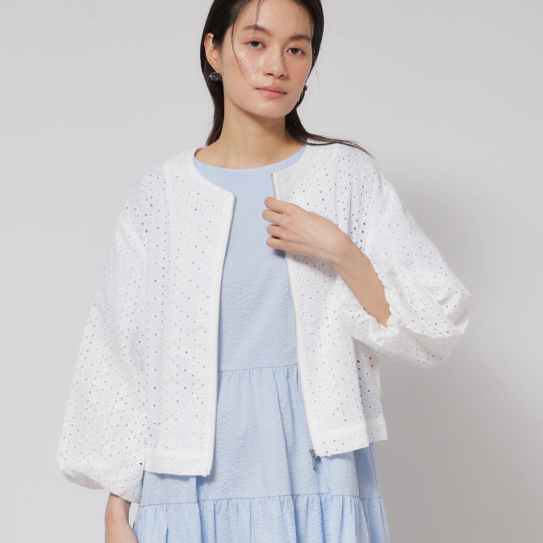 SunaUna「【使えるモノトーン／パフスリーブ】レースブルゾン」|ブルゾン・スタジャン|