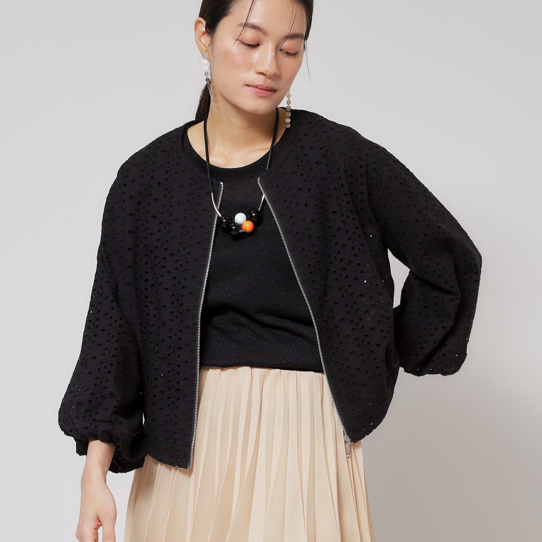SunaUna「【使えるモノトーン／パフスリーブ】レースブルゾン」|ブルゾン・スタジャン|
