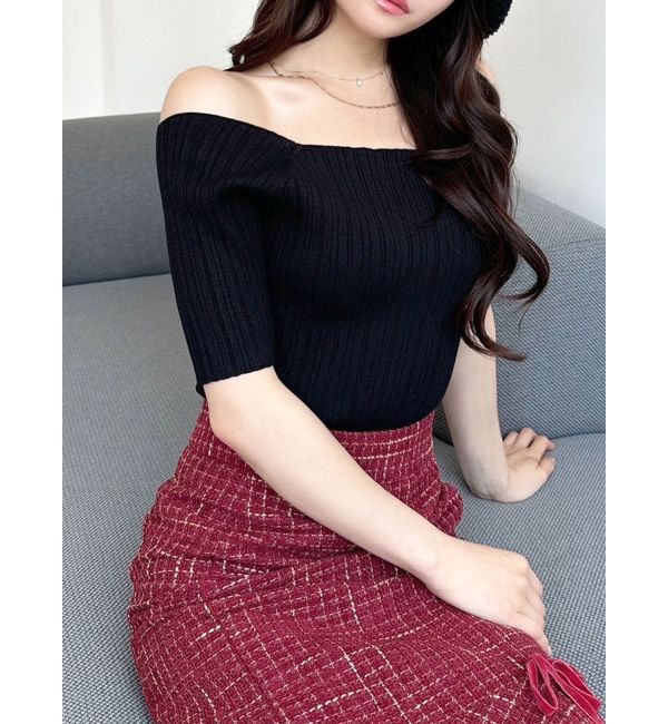 RESEXXY「オフショルリブニットトップス」|ニット・セーター|ブラック