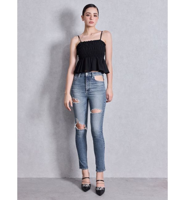 GYDA「ハイウエストcut out poketダメージスキニーデニムパンツ」|デニム|