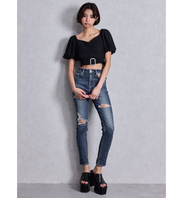 GYDA「ハイウエストcut out poketダメージスキニーデニムパンツ」|デニム|