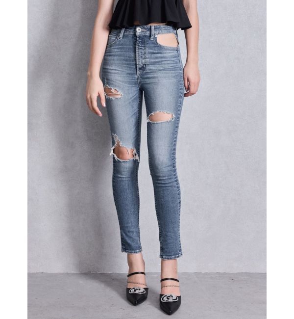 GYDA「ハイウエストcut out poketダメージスキニーデニムパンツ」|デニム|アイスブルー