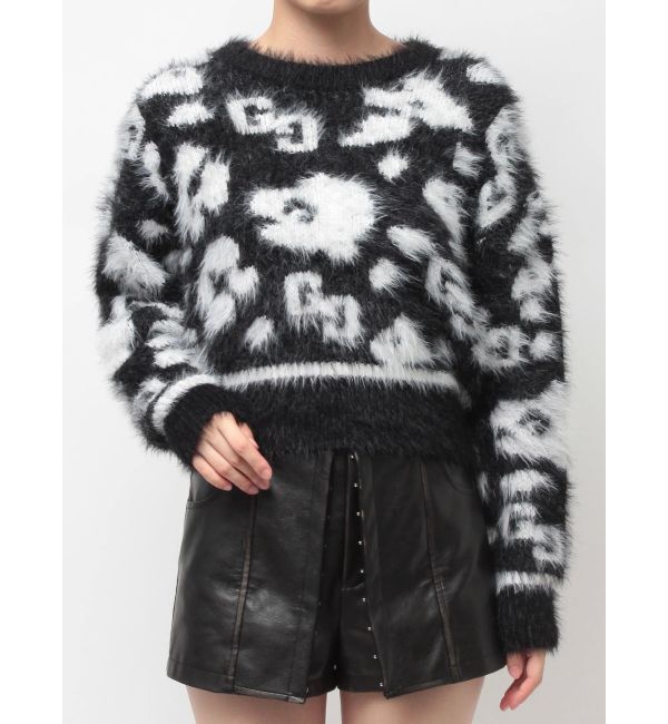 GYDA「GG Leopardシャギーショートニットトップス」|ニット・セーター|ブラック