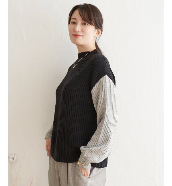 ikka「配色ワイドリブニット」|プルオーバー|ブラック