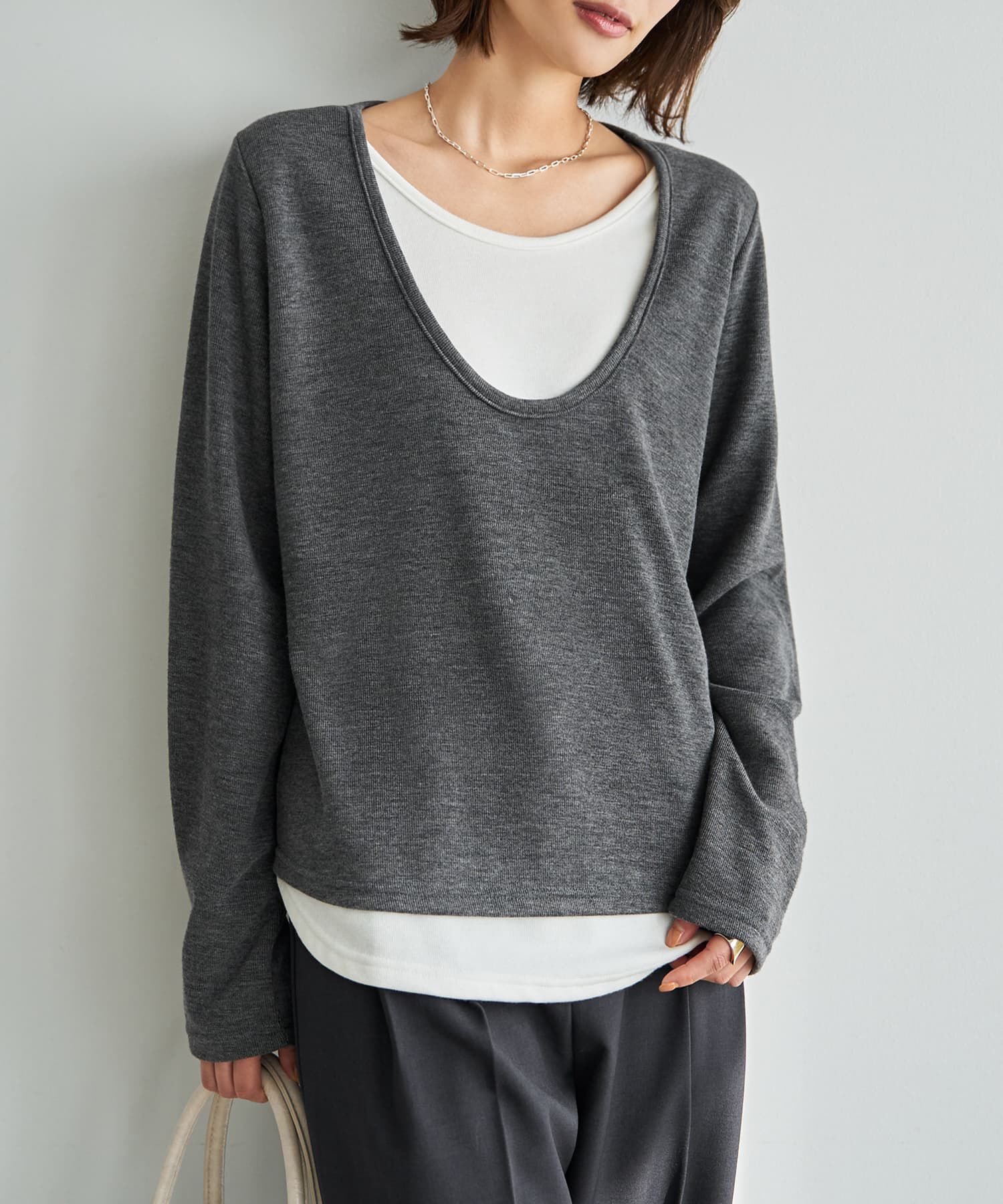 STYLE DELI「レイヤードUネックカットソートップス」|Tシャツ・カットソー|チャコール