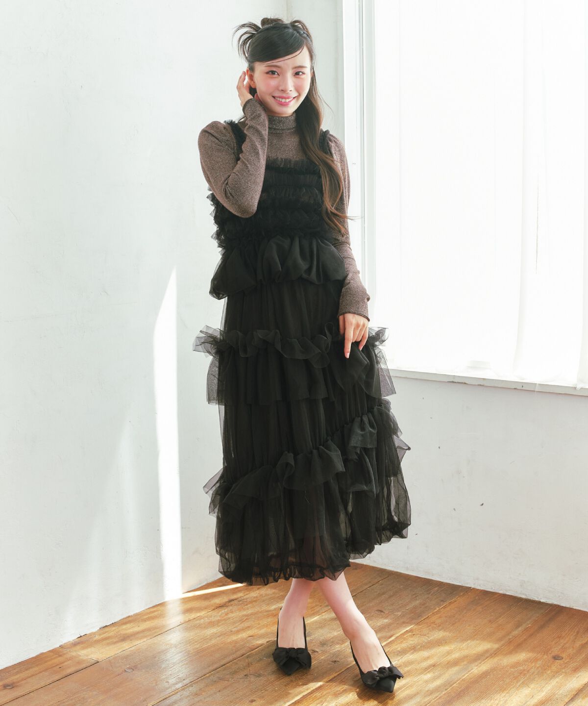 REDYAZEL「チュールフリルティアードスカート」|フレア|ブラック