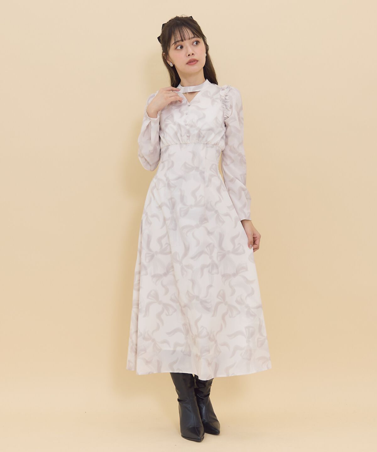 REDYAZEL「リボンプリントワンピース」|ワンピース|カーキ