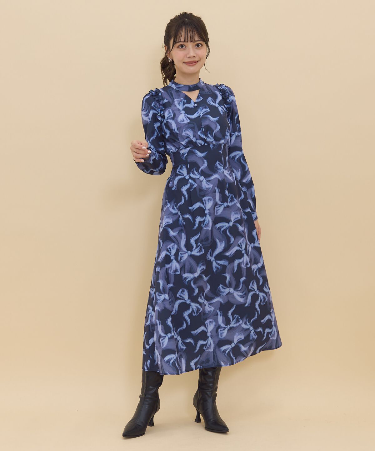 REDYAZEL「リボンプリントワンピース」|ワンピース|ネイビー