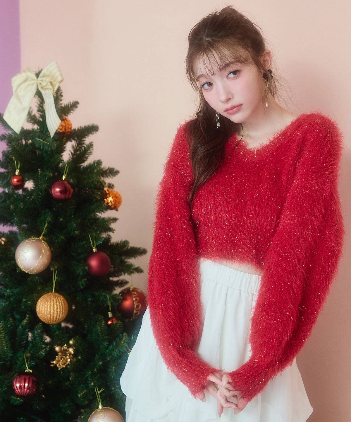 REDYAZEL「ラメシャギーニットプルオーバー」|ニット・セーター|レッド