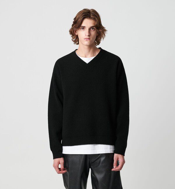 MONKEY TIME「プレーティング クロップド Vネック ニット」|ニット・セーター|BLACK