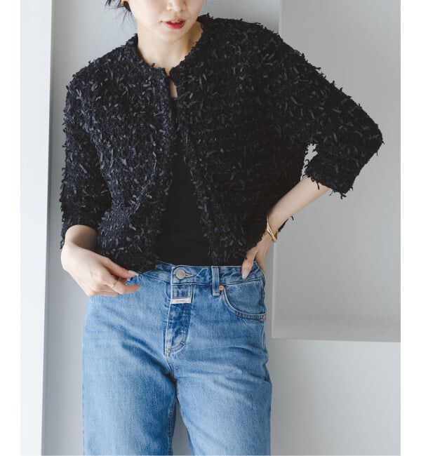 NOBLE「Venit/ヴェニット TAPE YARN KNIT JACKET」|ノーカラージャケット|ブラック