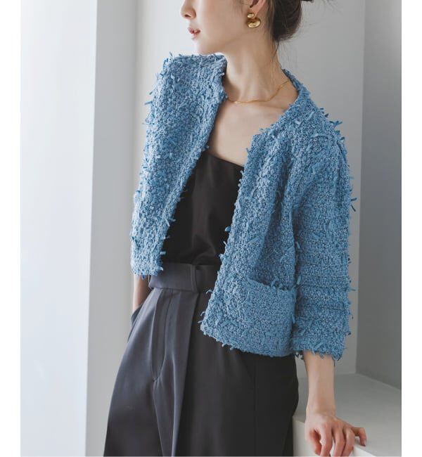 NOBLE「Venit/ヴェニット TAPE YARN KNIT JACKET」|ノーカラージャケット|ブルー A