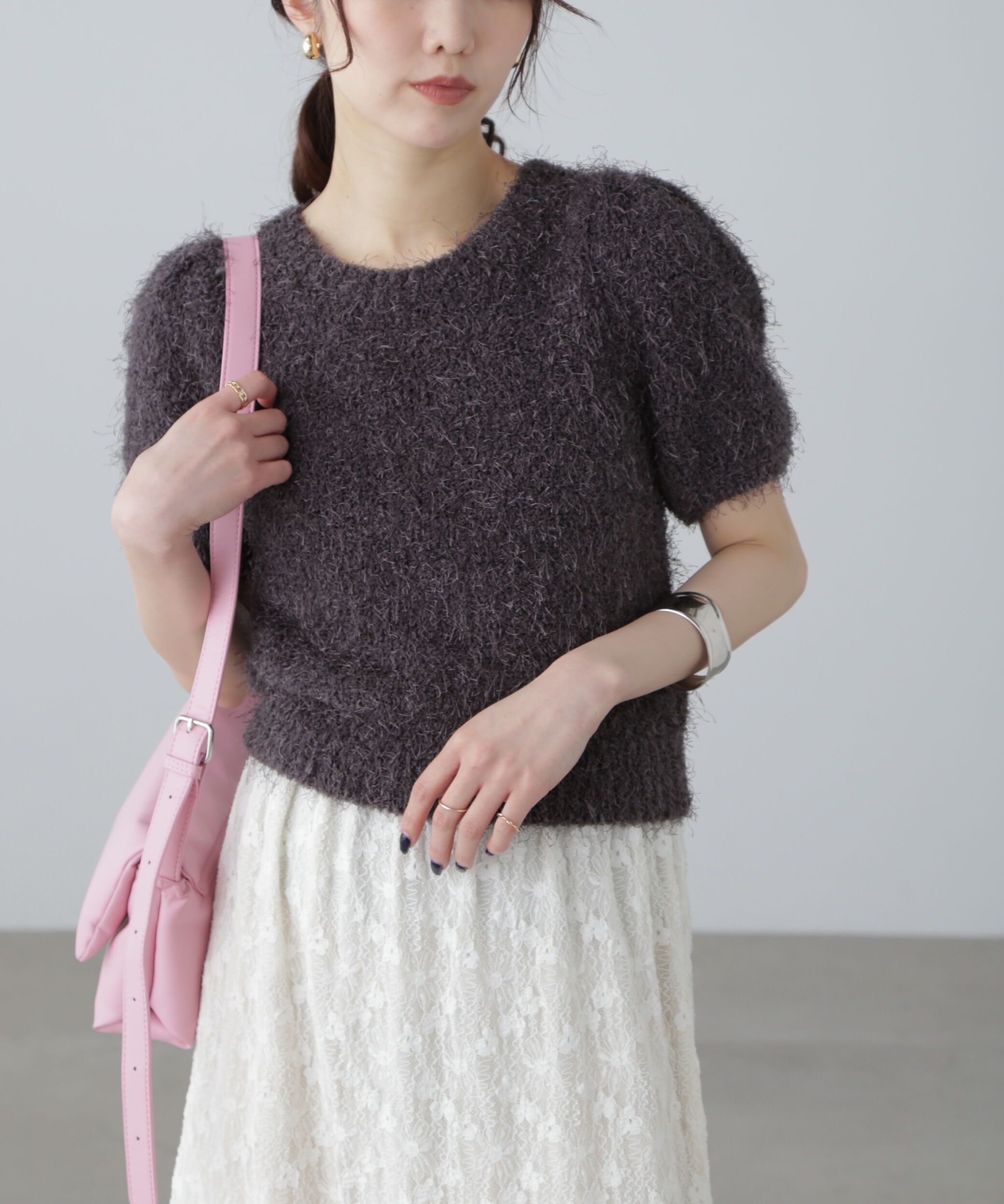  「フェザーパフスリーブ半袖ニット」|ニット・セーター|