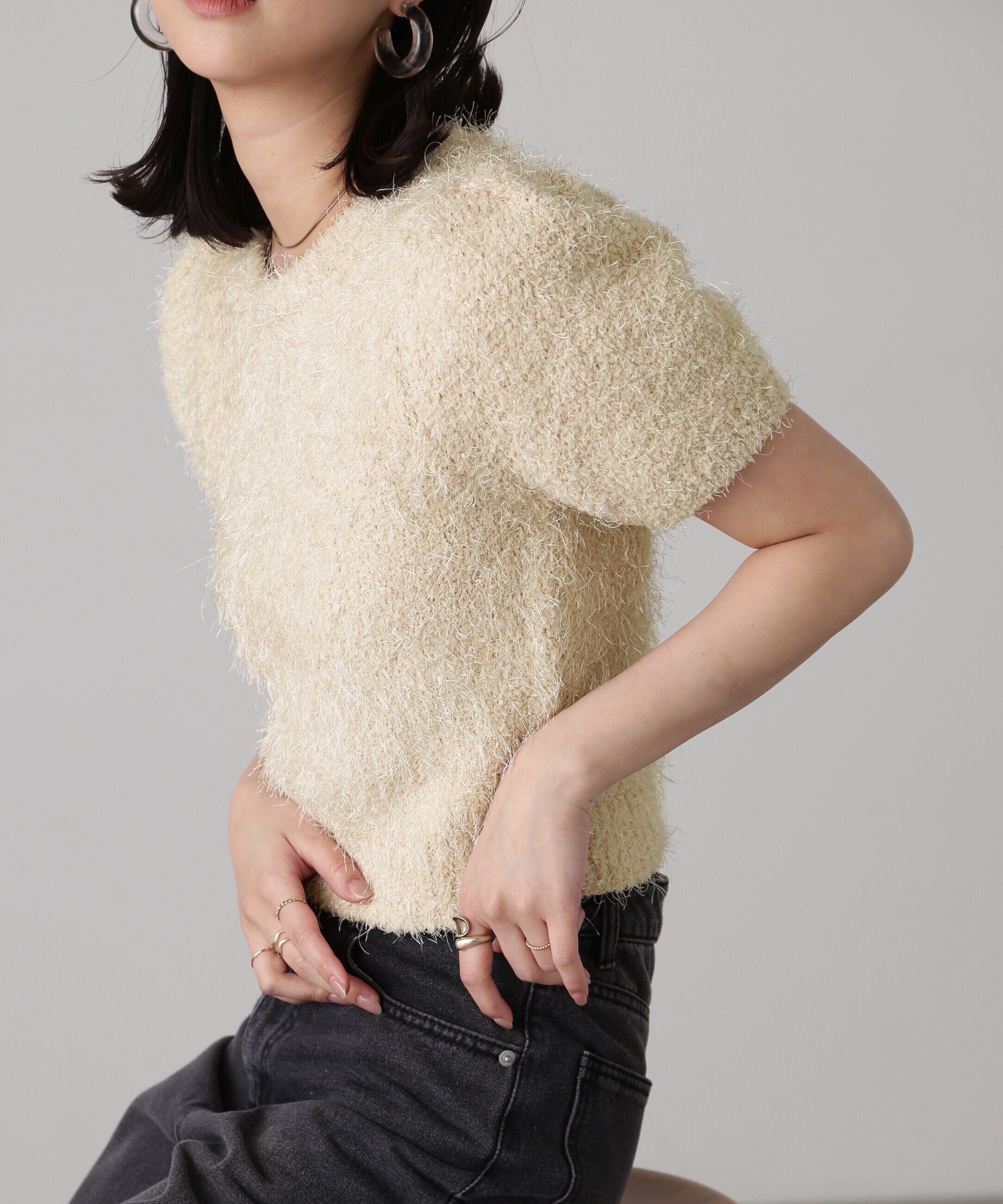  「フェザーパフスリーブ半袖ニット」|ニット・セーター|