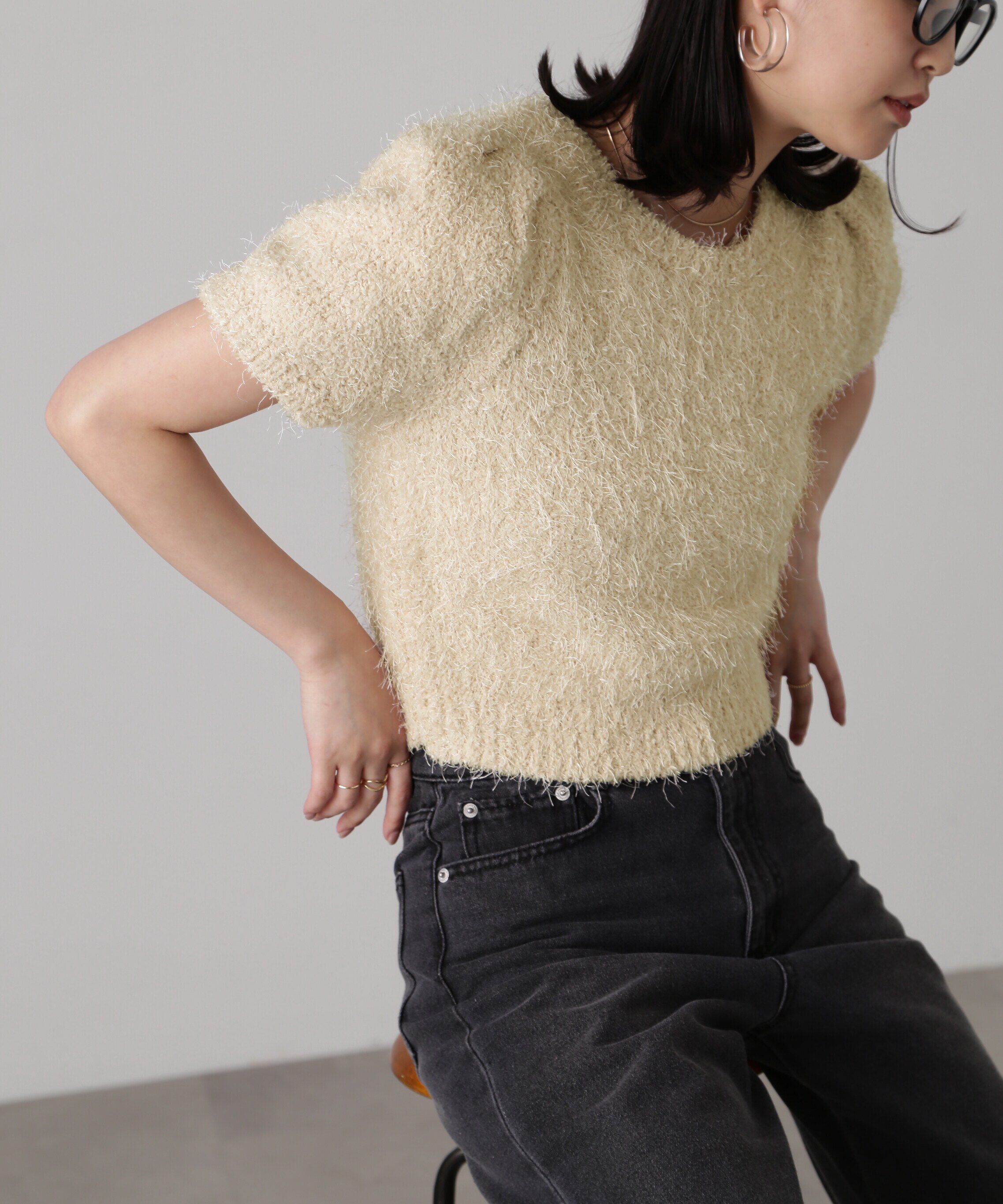  「フェザーパフスリーブ半袖ニット」|ニット・セーター|