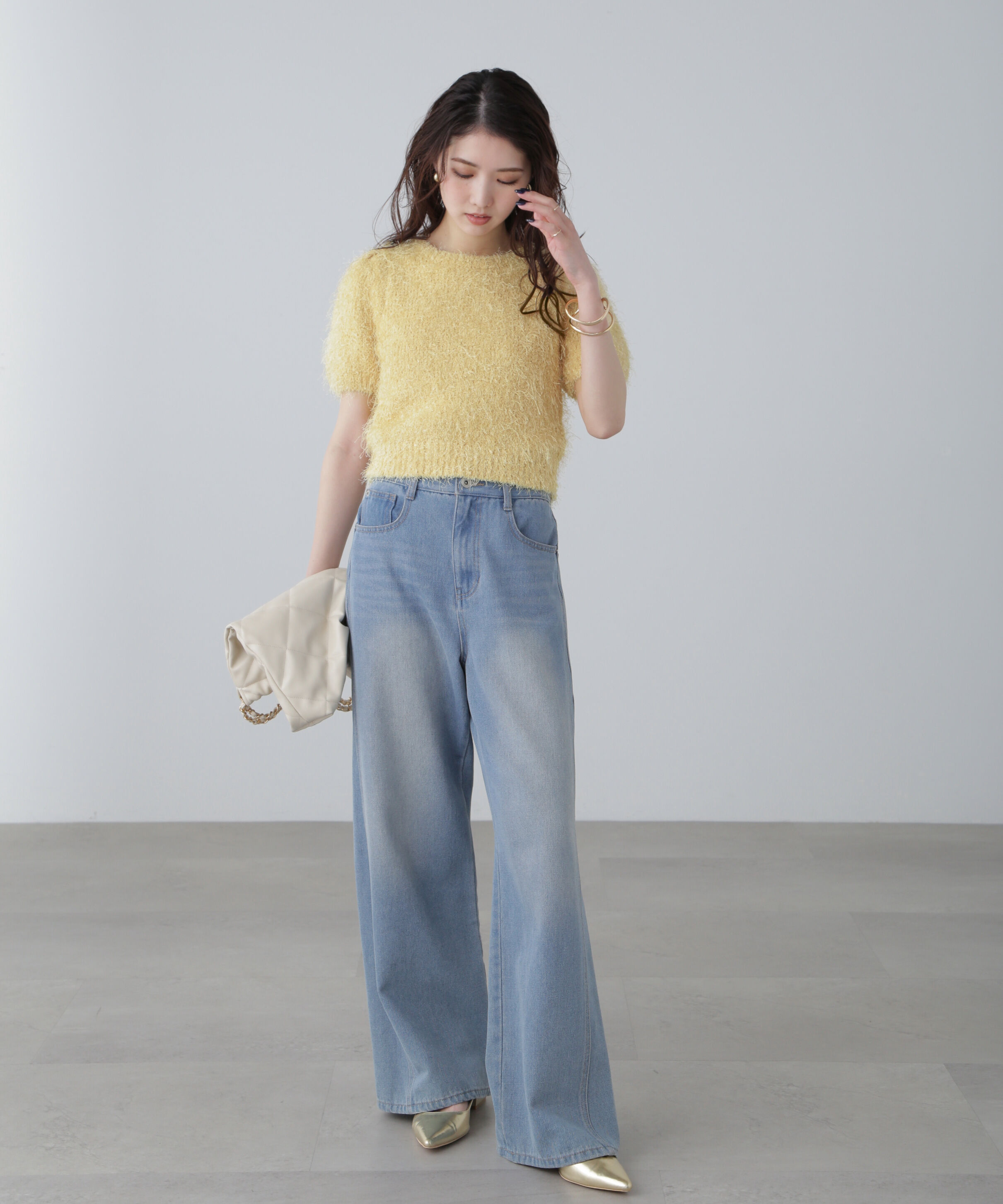  「フェザーパフスリーブ半袖ニット」|ニット・セーター|