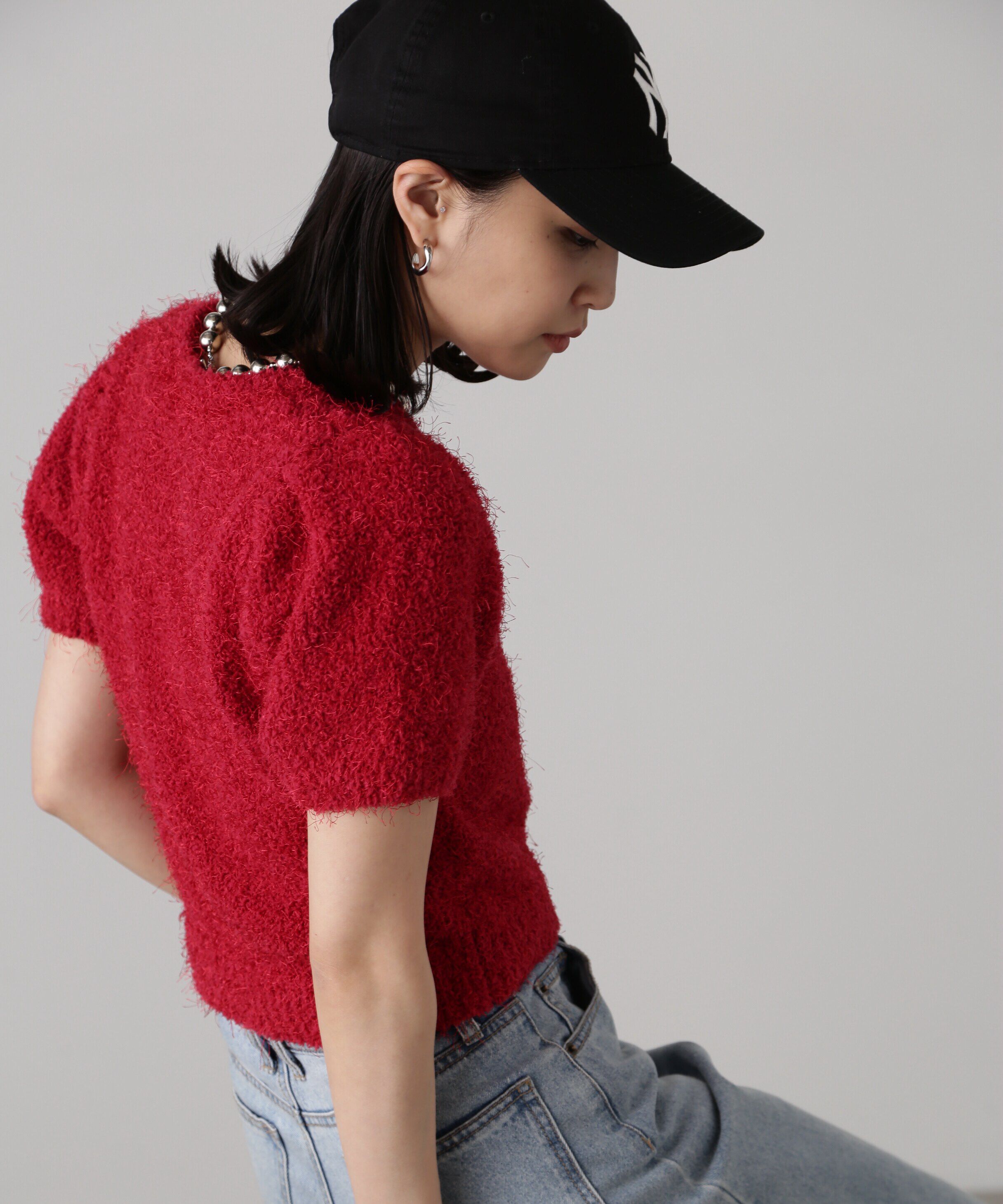  「フェザーパフスリーブ半袖ニット」|ニット・セーター|