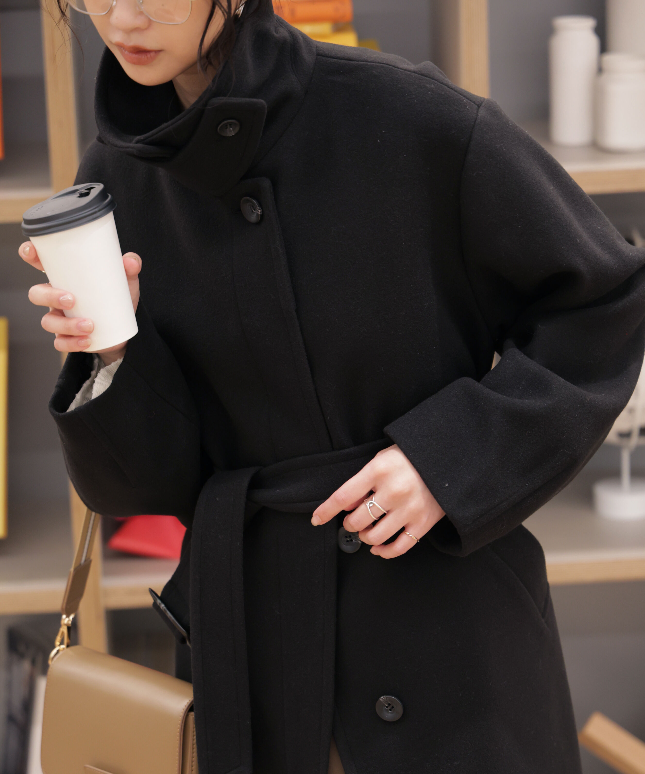  「スタンドカラーミドル丈ツイードコート」|その他|ブラック