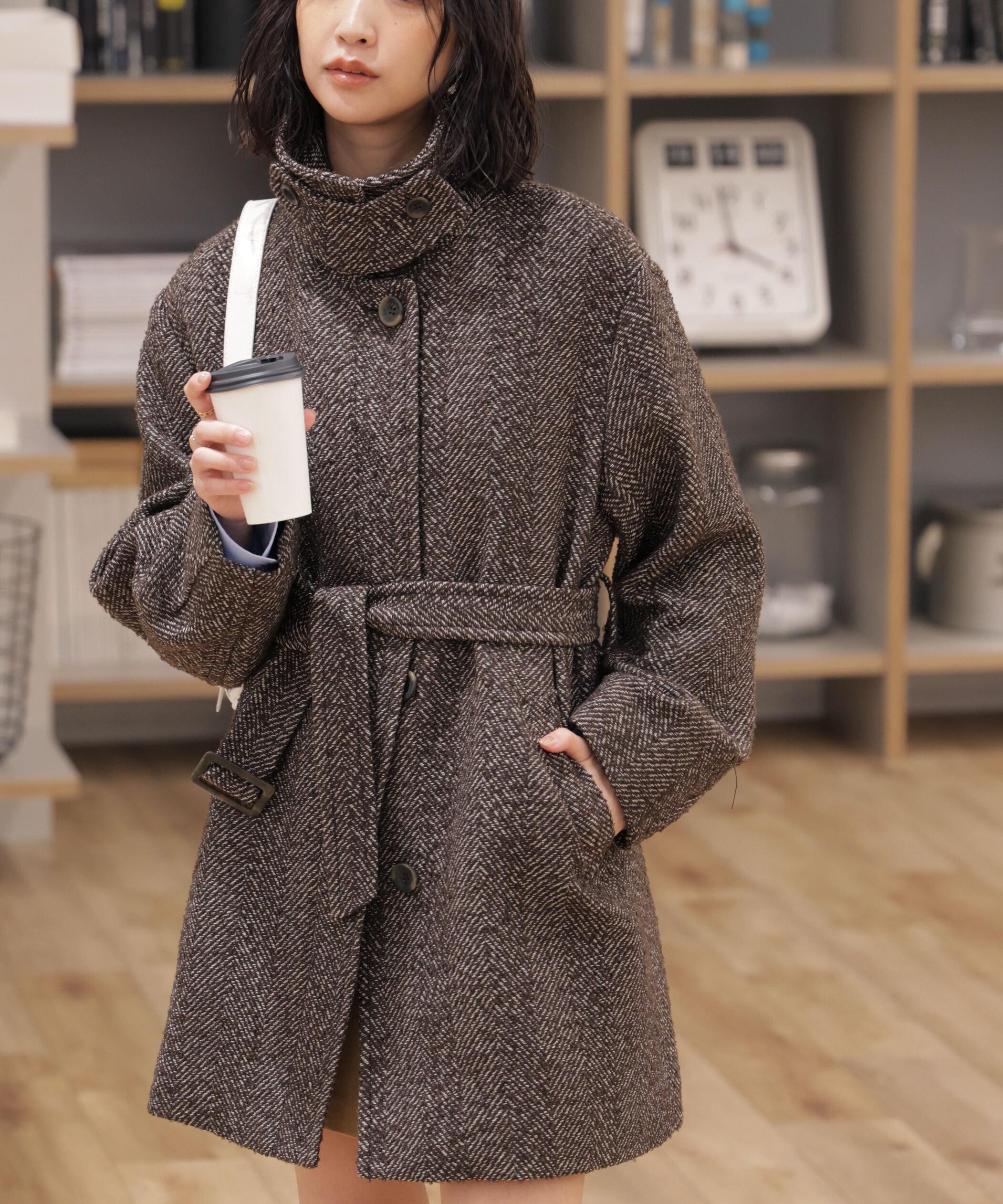  「スタンドカラーミドル丈ツイードコート」|その他|