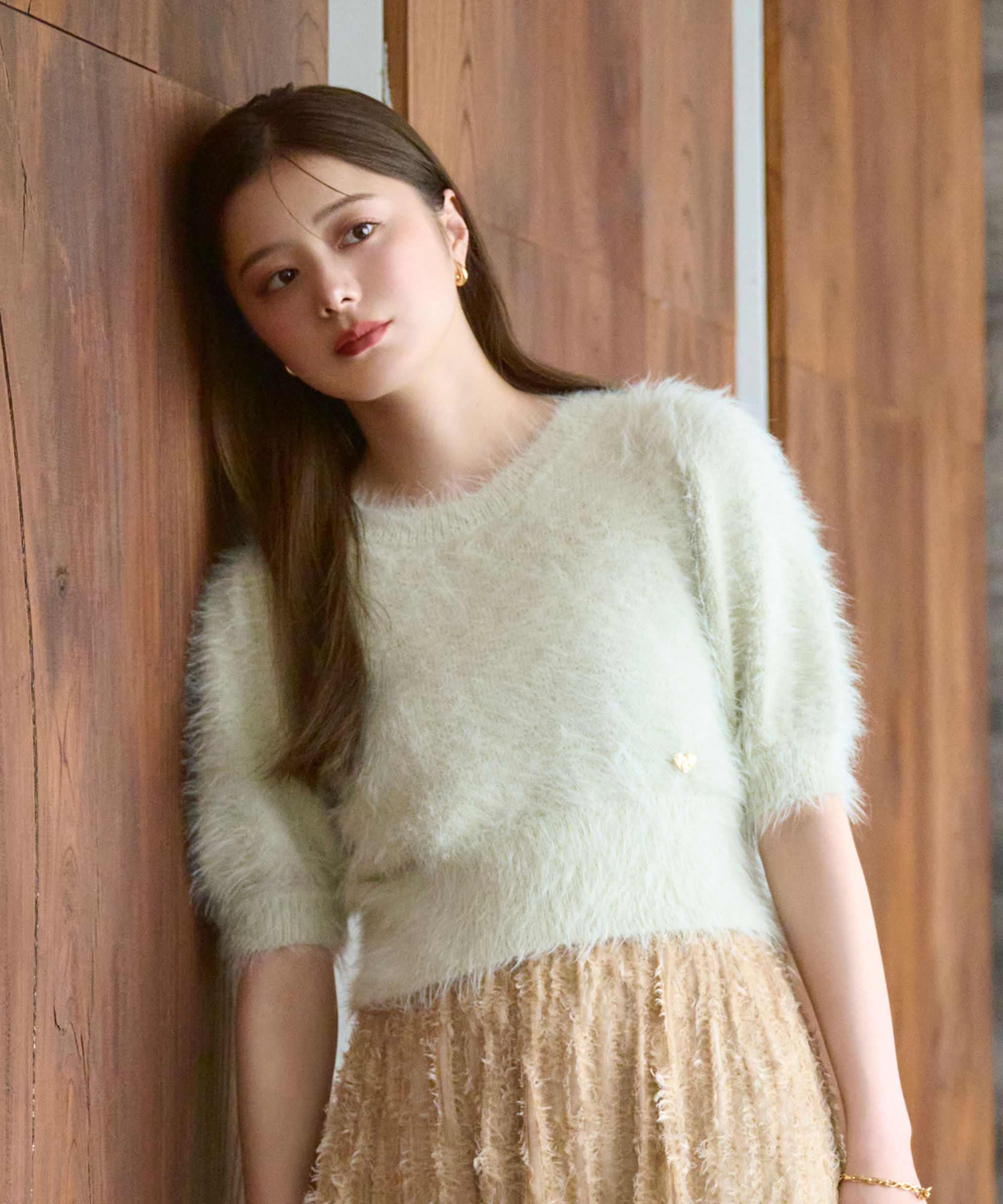  「ハートプレート付きフェザーニット」|ニット・セーター|グリーン