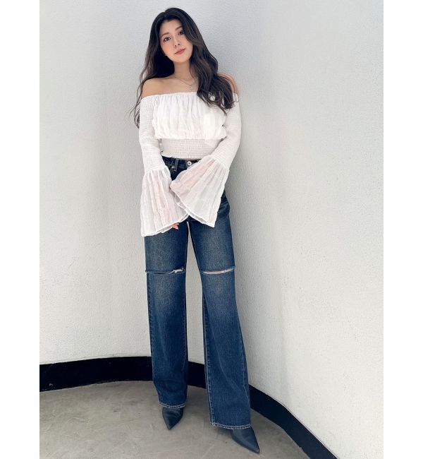 GYDA「ハイウエストfront and backダメージワイドデニムパンツ」|デニム|