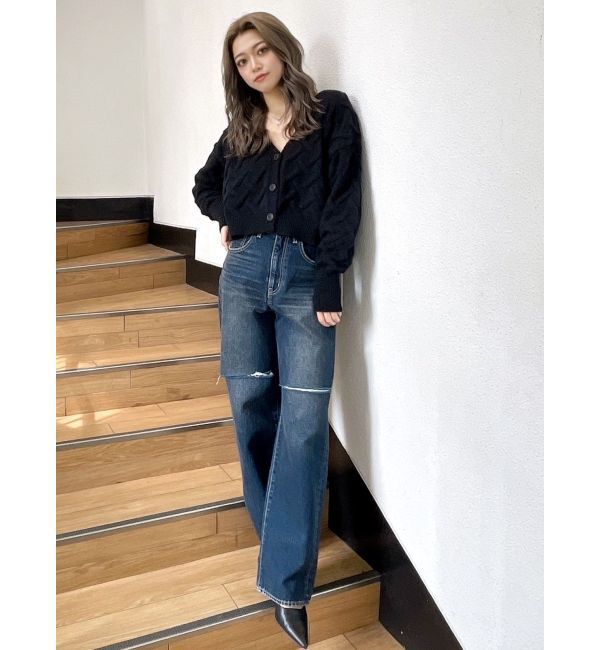 GYDA「ハイウエストfront and backダメージワイドデニムパンツ」|デニム|