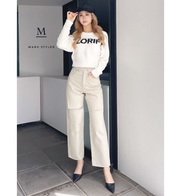 GYDA「ハイウエストfront and backダメージワイドデニムパンツ」|デニム|