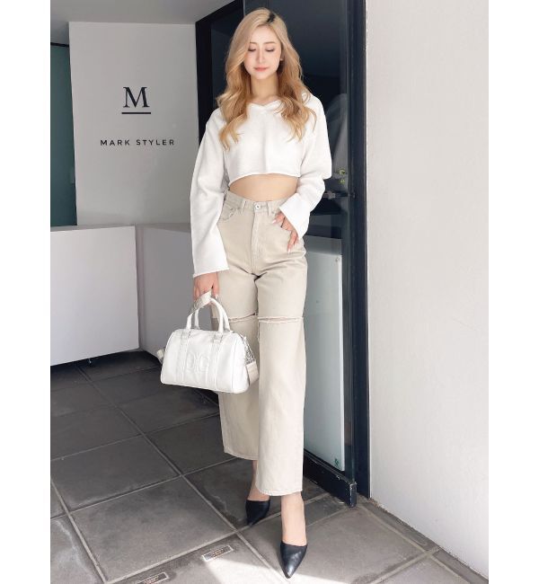 GYDA「ハイウエストfront and backダメージワイドデニムパンツ」|デニム|