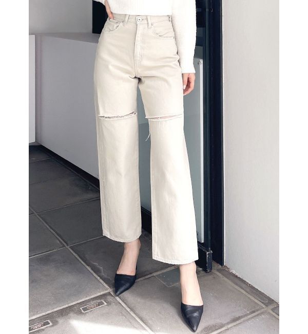 GYDA「ハイウエストfront and backダメージワイドデニムパンツ」|デニム|ベージュ