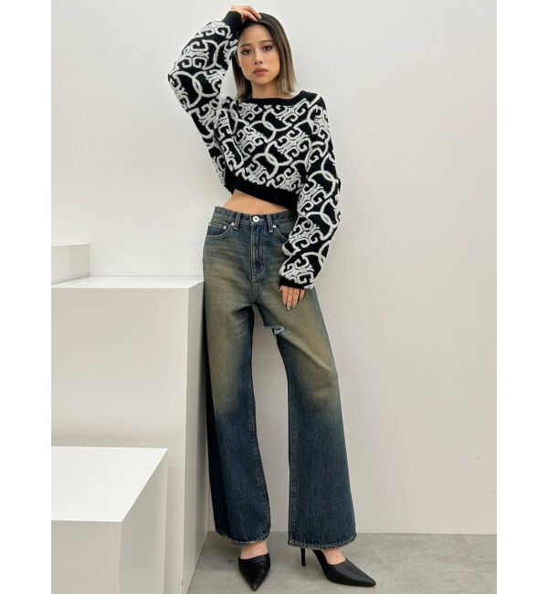 GYDA「ハイウエストSymmetryGYDA INNER RIPPEDワイドデニムパンツ」|デニム|