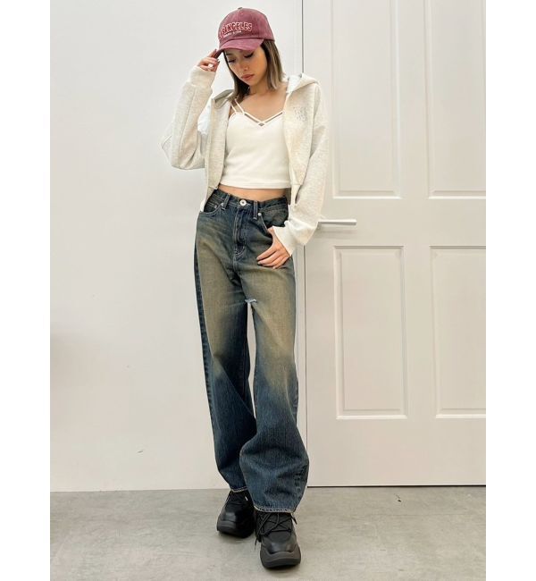 GYDA「ハイウエストSymmetryGYDA INNER RIPPEDワイドデニムパンツ」|デニム|