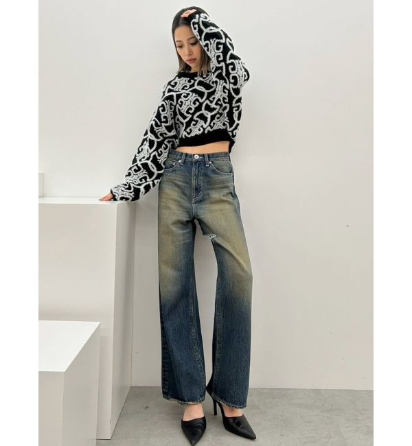 GYDA「ハイウエストSymmetryGYDA INNER RIPPEDワイドデニムパンツ」|デニム|