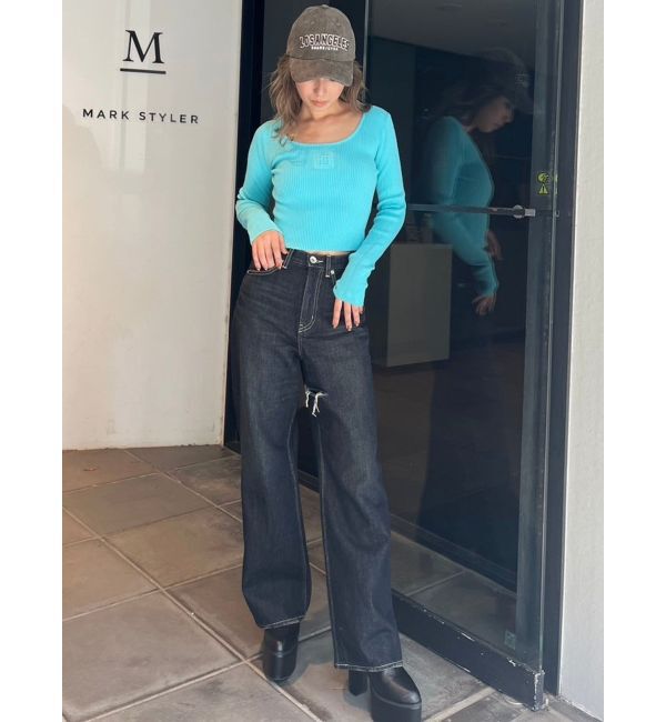 GYDA「ハイウエストSymmetryGYDA INNER RIPPEDワイドデニムパンツ」|デニム|