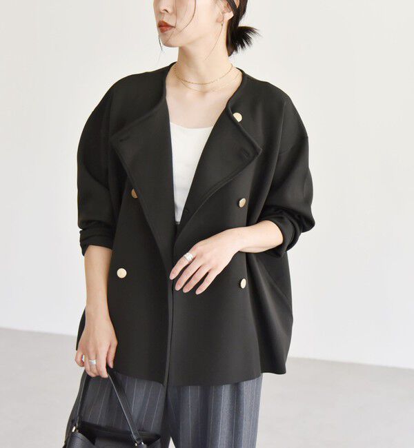 quaranciel「quaranciel:〈手洗い可能〉ニット ノーカラー ダブル ジャケット カーディガン」|カーディガン|ブラック