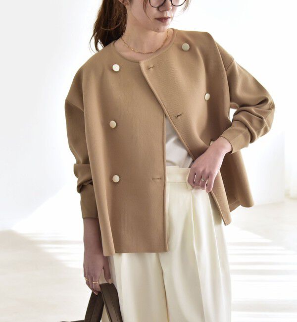 quaranciel「quaranciel:〈手洗い可能〉ニット ノーカラー ダブル ジャケット カーディガン」|カーディガン|