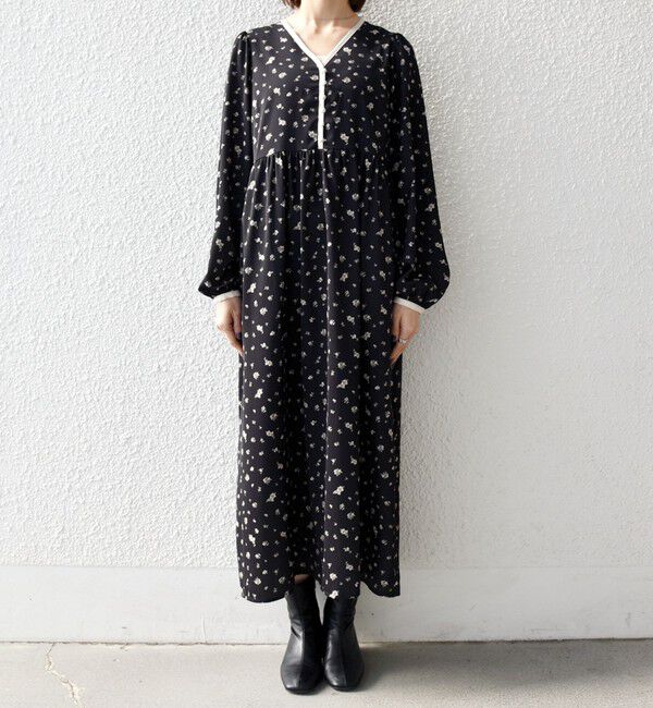 SHIPS any「SHIPS any:〈洗濯機可能〉フラワー プリント バイカラー Vネック ギャザー ワンピース」|ワンピース|