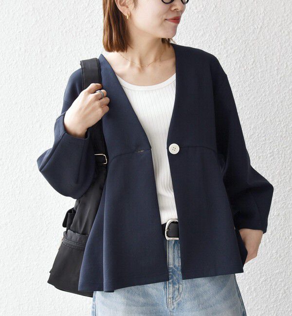 SHIPS any「SHIPS any:〈手洗い可能〉ダンボール ペプラム Vネック ジャケット」|ノーカラージャケット|ネイビー