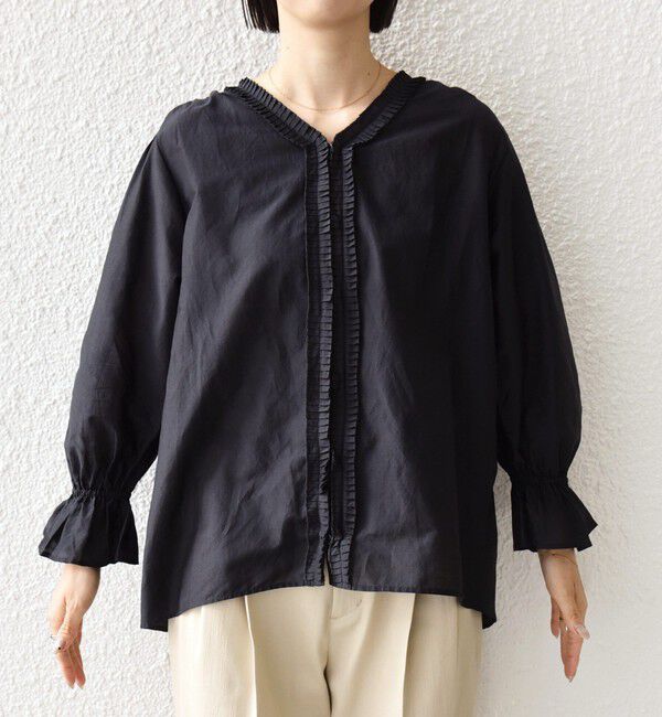 SHIPS for women「《予約》〈手洗い可能〉綿 シルク Vネック フリル タック ブラウス」|シャツ・ブラウス|