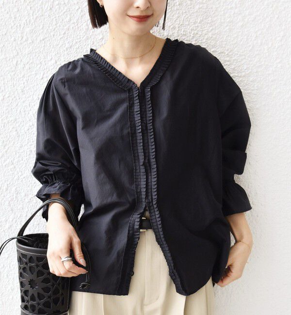 SHIPS for women「《予約》〈手洗い可能〉綿 シルク Vネック フリル タック ブラウス」|シャツ・ブラウス|