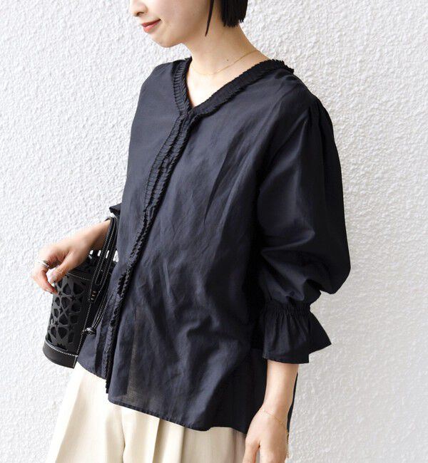 SHIPS for women「《予約》〈手洗い可能〉綿 シルク Vネック フリル タック ブラウス」|シャツ・ブラウス|