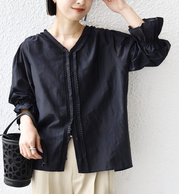 SHIPS for women「《予約》〈手洗い可能〉綿 シルク Vネック フリル タック ブラウス」|シャツ・ブラウス|