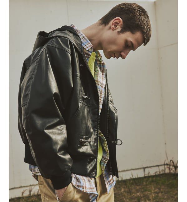 JOURNAL STANDARD「フェイクレザー ファイヤーマン フード ジャケット」|ライダースジャケット|