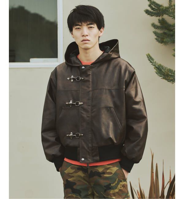 JOURNAL STANDARD「フェイクレザー ファイヤーマン フード ジャケット」|ライダースジャケット|ブラウン