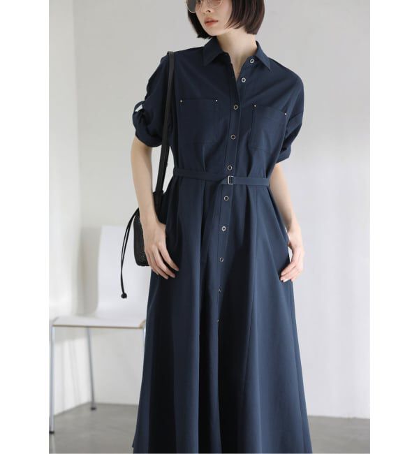  「【洗える】リベットシャツワンピース」|ワンピース|ネイビー