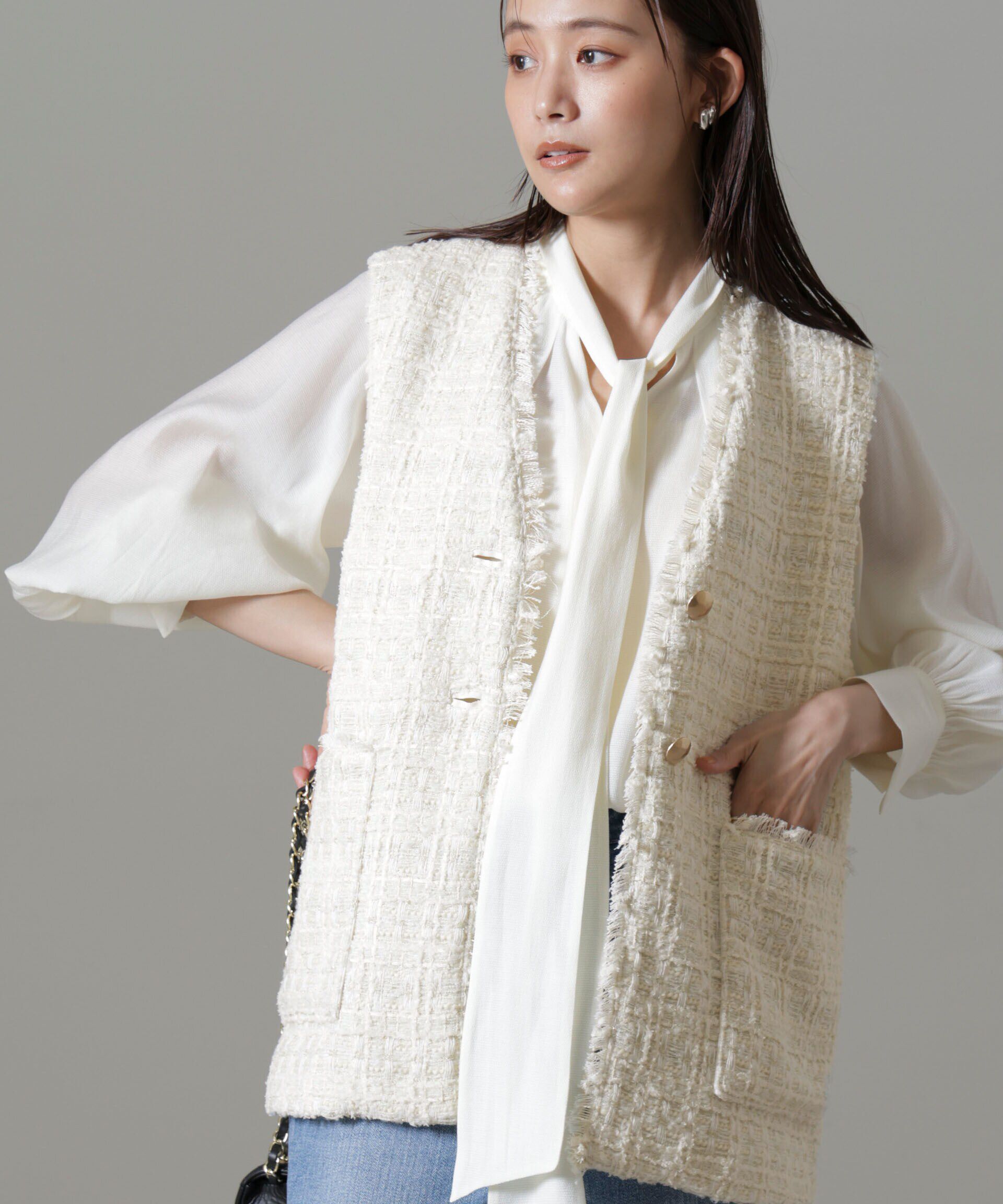 nano･universe「Vネックツイードジレ」|テーラードジャケット|オフホワイト1