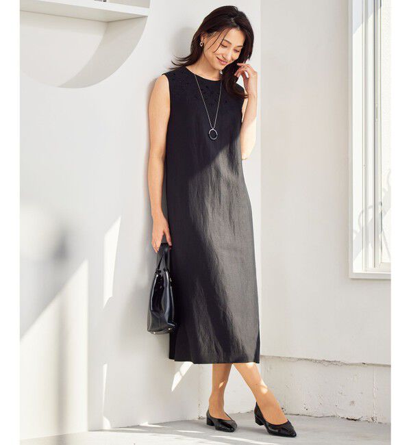 自由区「【洗える】エンブロイダリーノースリーブ ワンピース」|ワンピース|