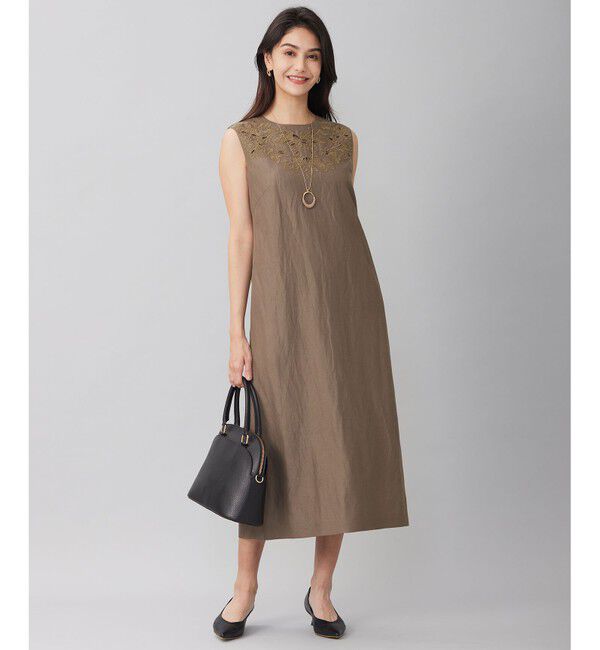 自由区「【洗える】エンブロイダリーノースリーブ ワンピース」|ワンピース|カーキ