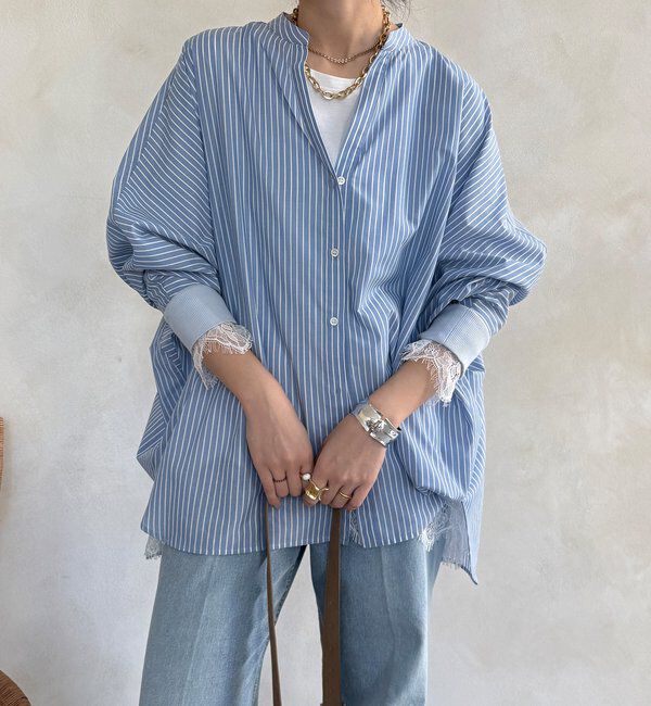  「ストライプドルマンVVシャツ」|シャツ・ブラウス|ブルー